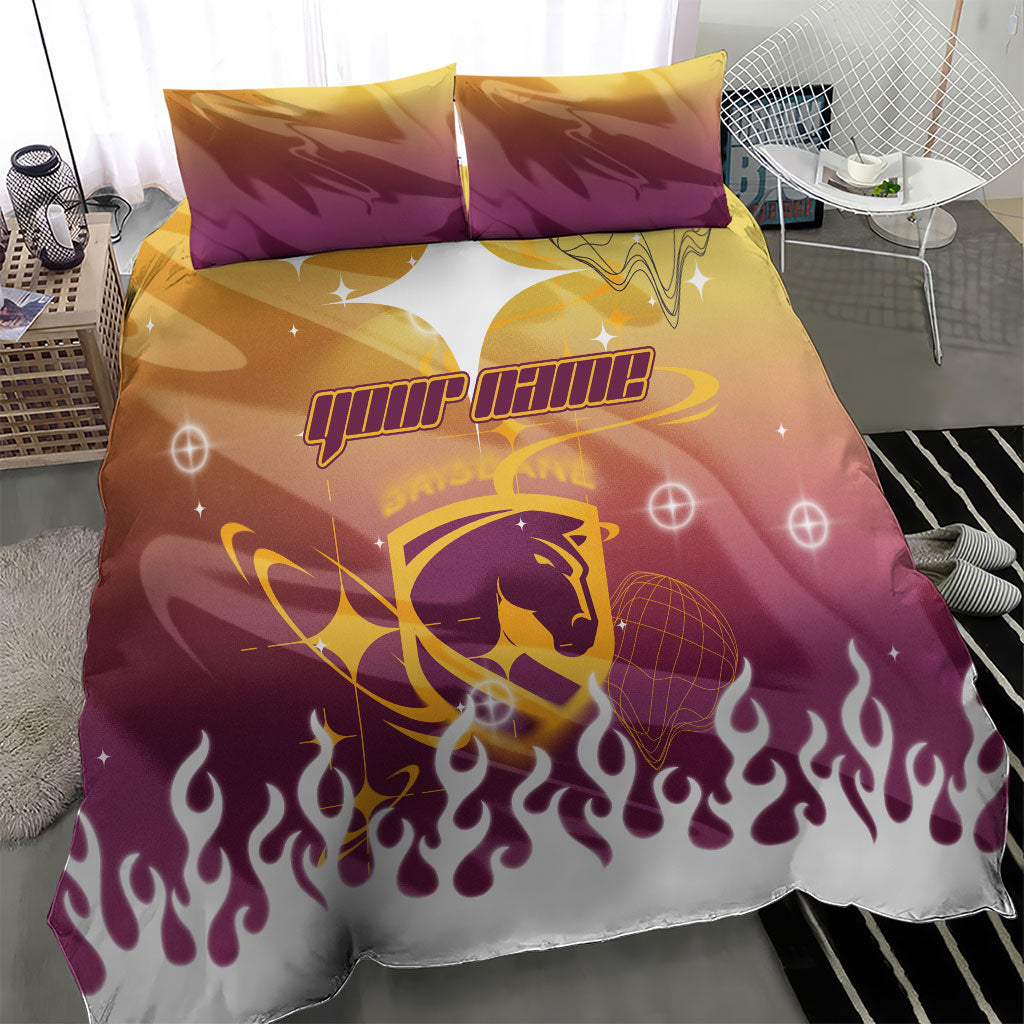 Personalized Brisbane Broncos Bedding Set Y2K Grunge Aesthetic With Cyber Flames and Starburst Graphics