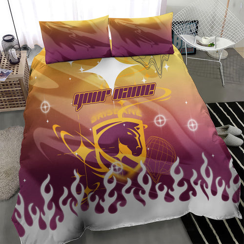 Personalized Brisbane Broncos Bedding Set Y2K Grunge Aesthetic With Cyber Flames and Starburst Graphics