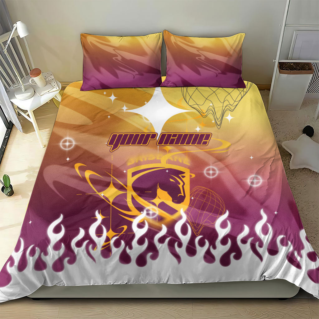Personalized Brisbane Broncos Bedding Set Y2K Grunge Aesthetic With Cyber Flames and Starburst Graphics