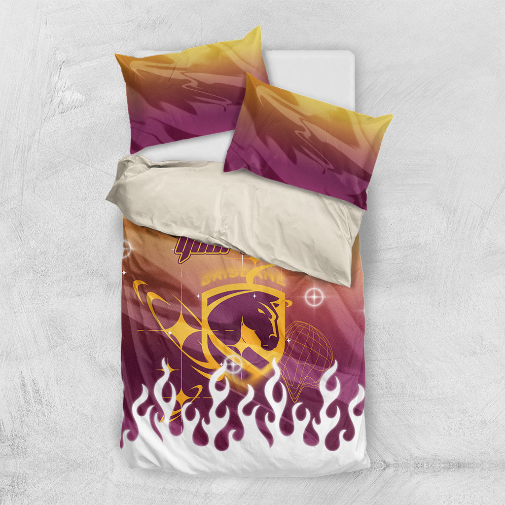 Personalized Brisbane Broncos Bedding Set Y2K Grunge Aesthetic With Cyber Flames and Starburst Graphics