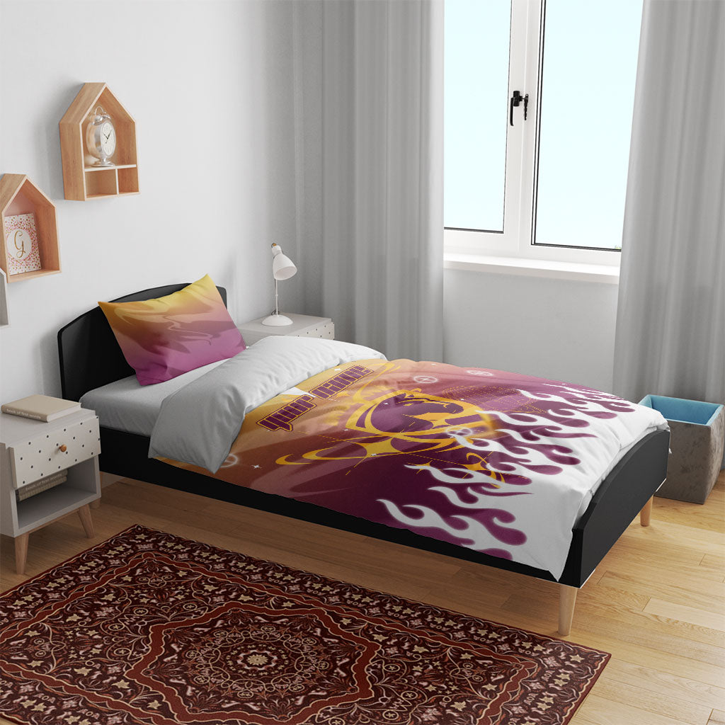 Personalized Brisbane Broncos Bedding Set Y2K Grunge Aesthetic With Cyber Flames and Starburst Graphics