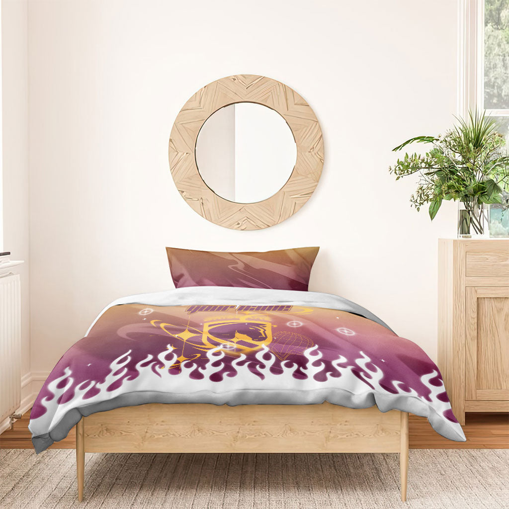 Personalized Brisbane Broncos Bedding Set Y2K Grunge Aesthetic With Cyber Flames and Starburst Graphics