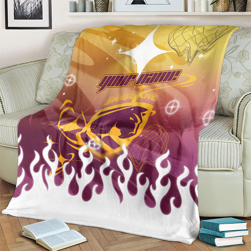 Personalized Brisbane Broncos Blanket Y2K Grunge Aesthetic With Cyber Flames and Starburst Graphics