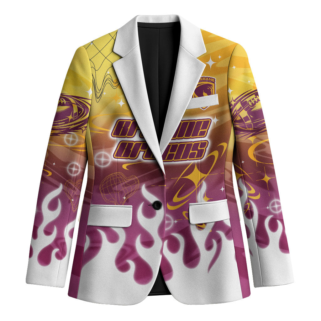 Personalized Brisbane Broncos Blazer Y2K Grunge Aesthetic With Cyber Flames and Starburst Graphics