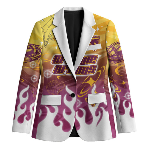 Personalized Brisbane Broncos Blazer Y2K Grunge Aesthetic With Cyber Flames and Starburst Graphics