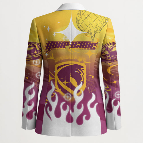 Personalized Brisbane Broncos Blazer Y2K Grunge Aesthetic With Cyber Flames and Starburst Graphics