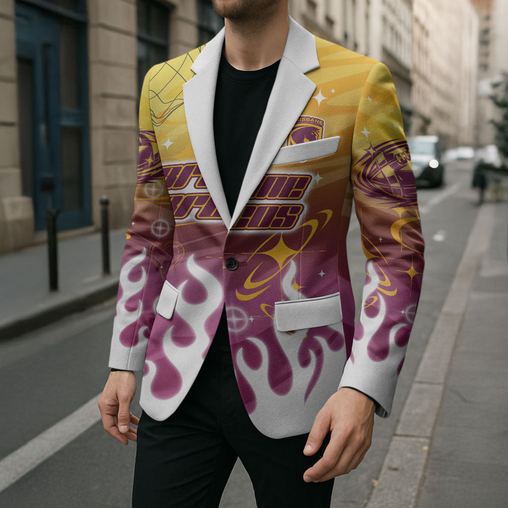 Personalized Brisbane Broncos Blazer Y2K Grunge Aesthetic With Cyber Flames and Starburst Graphics