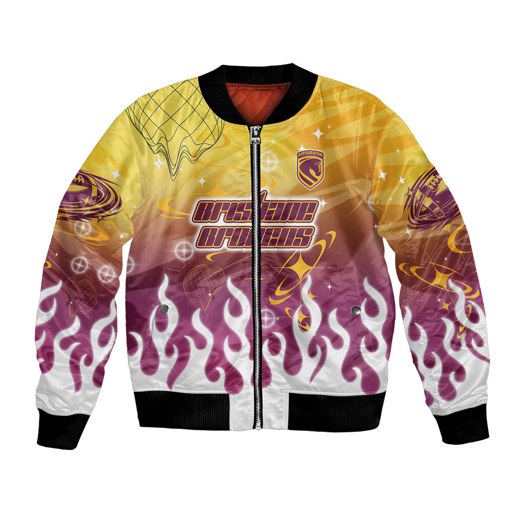 Personalized Brisbane Broncos Bomber Jacket Y2K Grunge Aesthetic With Cyber Flames and Starburst Graphics