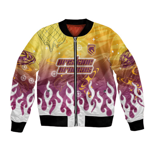 Personalized Brisbane Broncos Bomber Jacket Y2K Grunge Aesthetic With Cyber Flames and Starburst Graphics