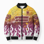 Personalized Brisbane Broncos Bomber Puffer Jacket Y2K Grunge Aesthetic With Cyber Flames and Starburst Graphics