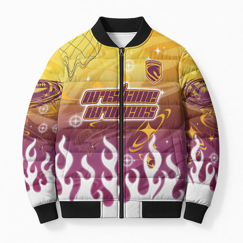 Personalized Brisbane Broncos Bomber Puffer Jacket Y2K Grunge Aesthetic With Cyber Flames and Starburst Graphics