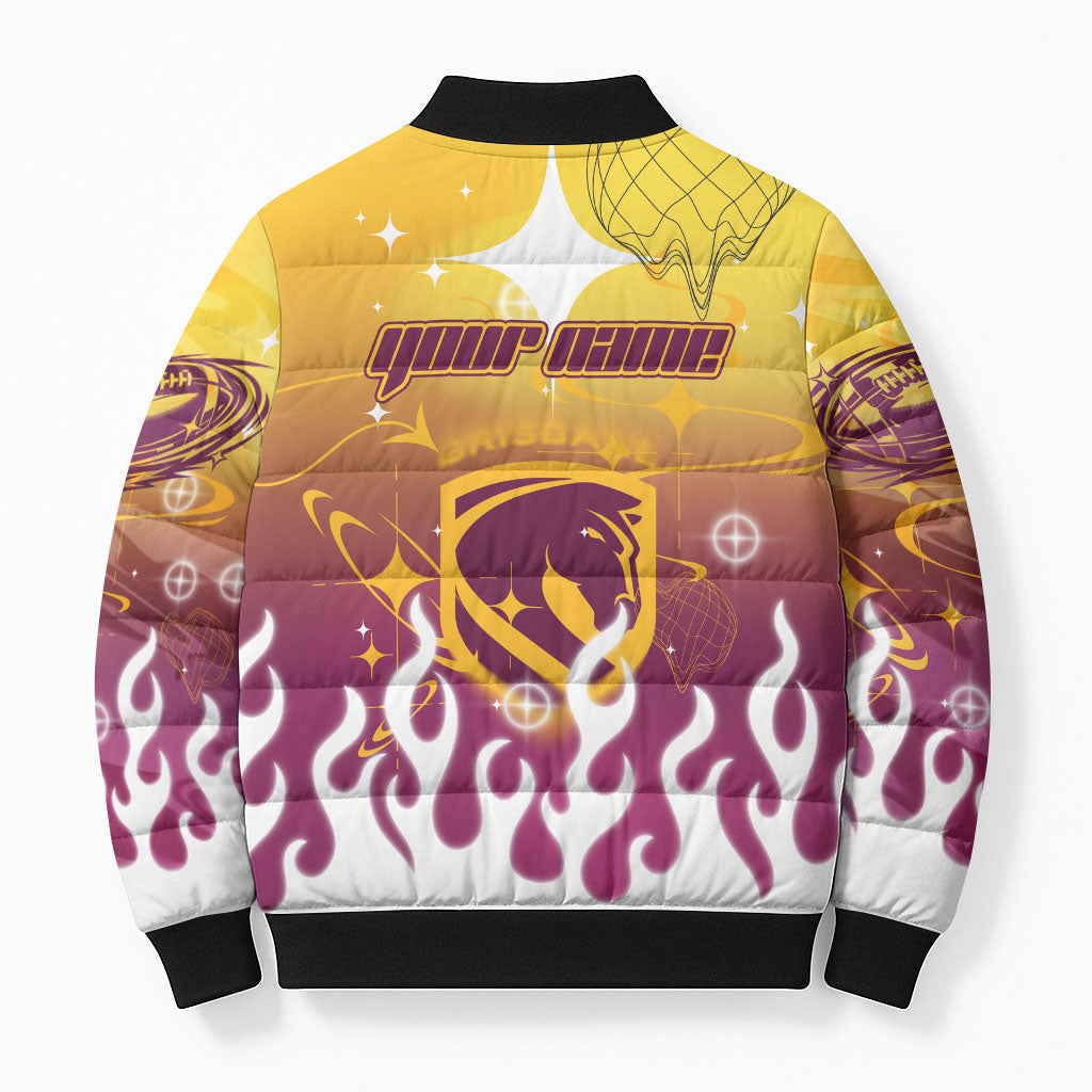 Personalized Brisbane Broncos Bomber Puffer Jacket Y2K Grunge Aesthetic With Cyber Flames and Starburst Graphics