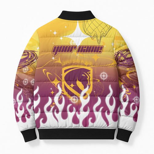 Personalized Brisbane Broncos Bomber Puffer Jacket Y2K Grunge Aesthetic With Cyber Flames and Starburst Graphics