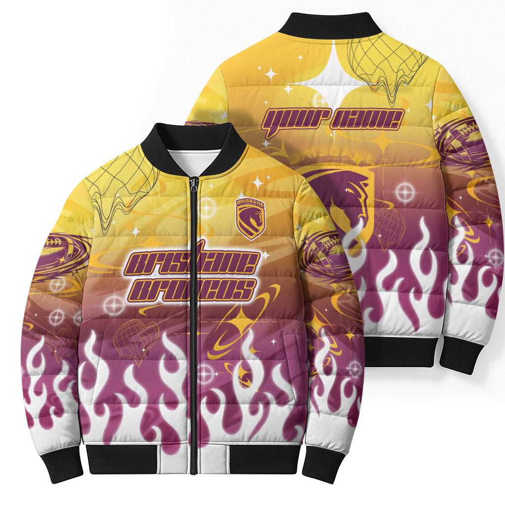 Personalized Brisbane Broncos Bomber Puffer Jacket Y2K Grunge Aesthetic With Cyber Flames and Starburst Graphics