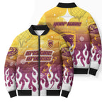 Personalized Brisbane Broncos Bomber Puffer Jacket Y2K Grunge Aesthetic With Cyber Flames and Starburst Graphics