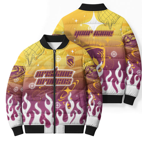 Personalized Brisbane Broncos Bomber Puffer Jacket Y2K Grunge Aesthetic With Cyber Flames and Starburst Graphics