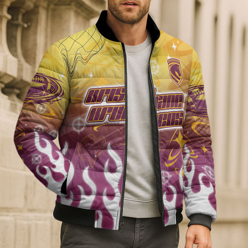 Personalized Brisbane Broncos Bomber Puffer Jacket Y2K Grunge Aesthetic With Cyber Flames and Starburst Graphics