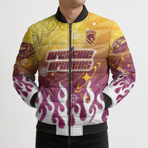 Personalized Brisbane Broncos Bomber Puffer Jacket Y2K Grunge Aesthetic With Cyber Flames and Starburst Graphics