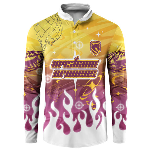 Personalized Brisbane Broncos Button Sweatshirt Y2K Grunge Aesthetic With Cyber Flames and Starburst Graphics