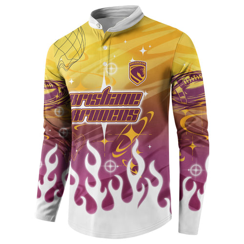 Personalized Brisbane Broncos Button Sweatshirt Y2K Grunge Aesthetic With Cyber Flames and Starburst Graphics