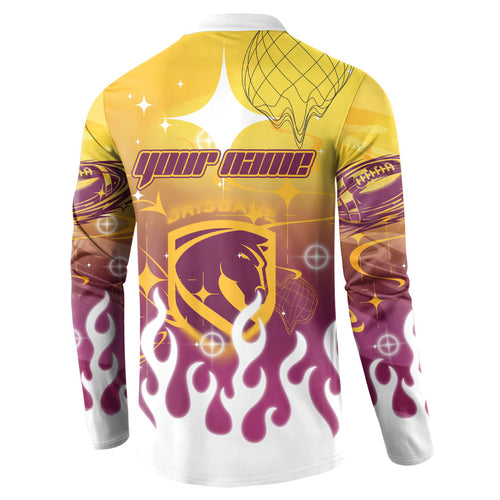 Personalized Brisbane Broncos Button Sweatshirt Y2K Grunge Aesthetic With Cyber Flames and Starburst Graphics