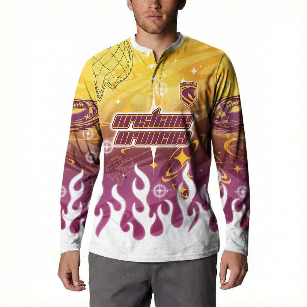 Personalized Brisbane Broncos Button Sweatshirt Y2K Grunge Aesthetic With Cyber Flames and Starburst Graphics
