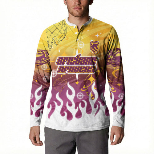 Personalized Brisbane Broncos Button Sweatshirt Y2K Grunge Aesthetic With Cyber Flames and Starburst Graphics