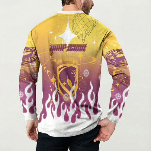 Personalized Brisbane Broncos Button Sweatshirt Y2K Grunge Aesthetic With Cyber Flames and Starburst Graphics
