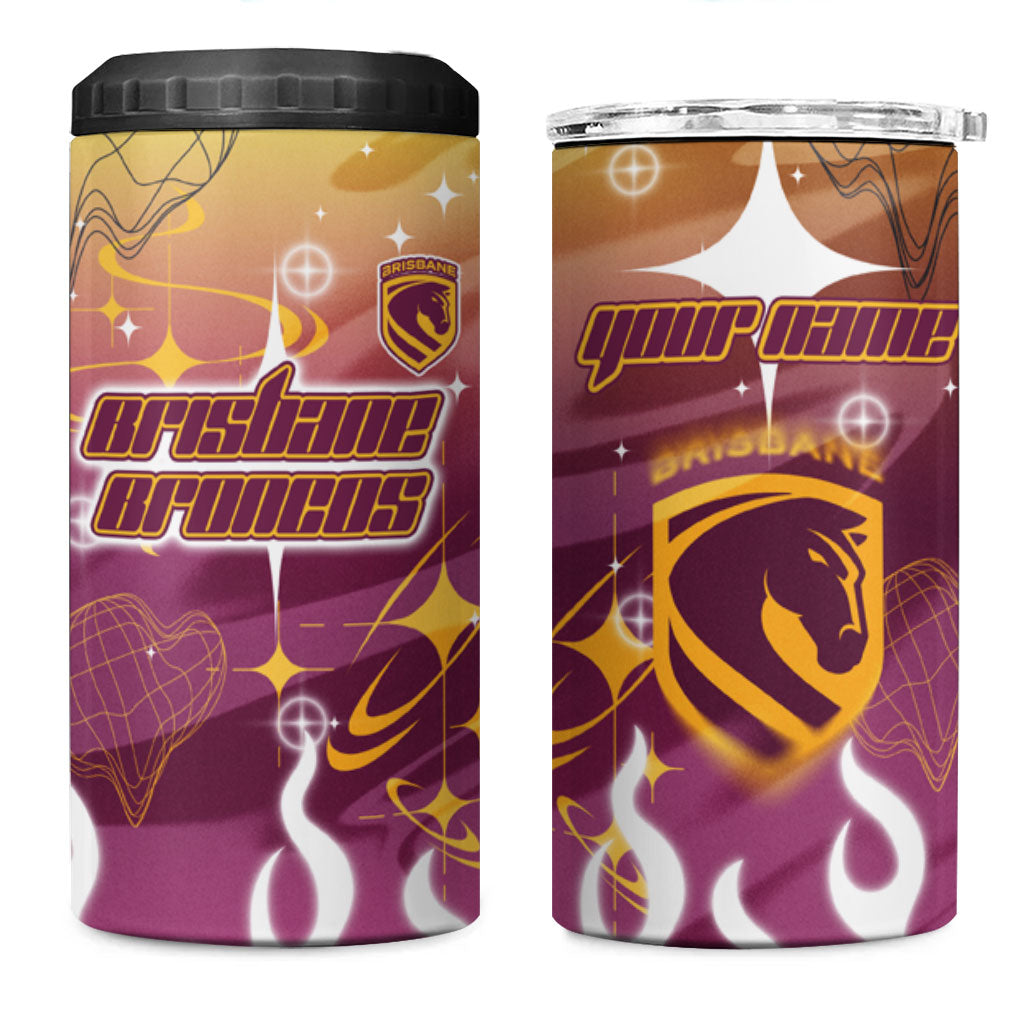 Personalized Brisbane Broncos 4 in 1 Can Cooler Tumbler Y2K Grunge Aesthetic With Cyber Flames and Starburst Graphics