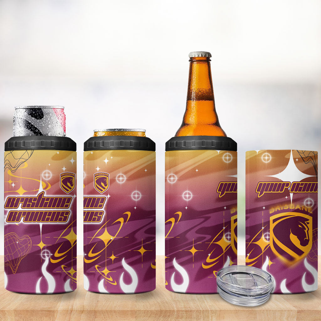 Personalized Brisbane Broncos 4 in 1 Can Cooler Tumbler Y2K Grunge Aesthetic With Cyber Flames and Starburst Graphics