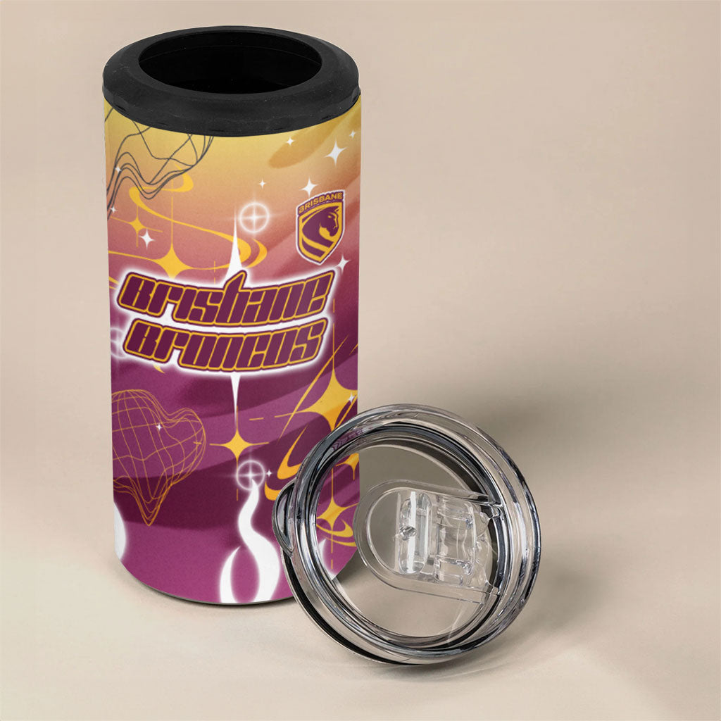 Personalized Brisbane Broncos 4 in 1 Can Cooler Tumbler Y2K Grunge Aesthetic With Cyber Flames and Starburst Graphics