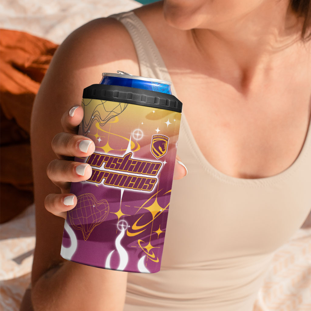 Personalized Brisbane Broncos 4 in 1 Can Cooler Tumbler Y2K Grunge Aesthetic With Cyber Flames and Starburst Graphics