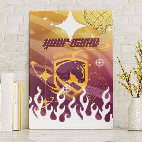 Personalized Brisbane Broncos Canvas Wall Art Y2K Grunge Aesthetic With Cyber Flames and Starburst Graphics