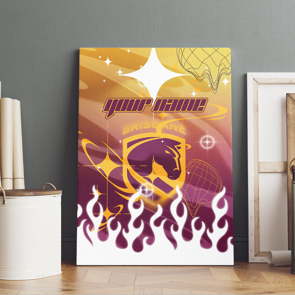 Personalized Brisbane Broncos Canvas Wall Art Y2K Grunge Aesthetic With Cyber Flames and Starburst Graphics