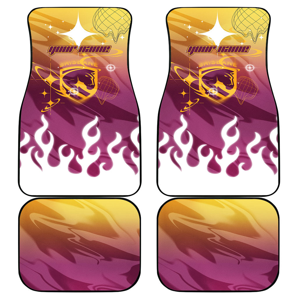 Personalized Brisbane Broncos Car Mats Y2K Grunge Aesthetic With Cyber Flames and Starburst Graphics