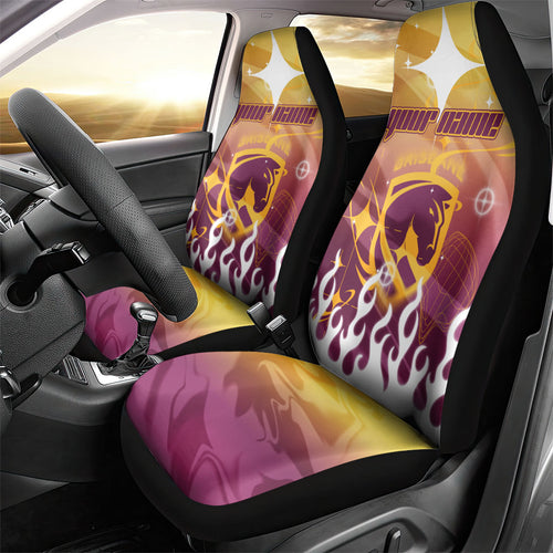 Personalized Brisbane Broncos Car Seat Cover Y2K Grunge Aesthetic With Cyber Flames and Starburst Graphics