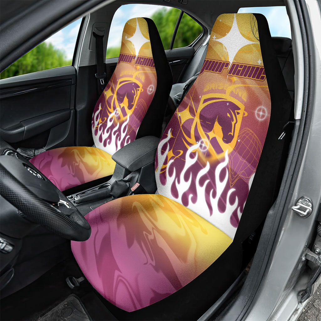 Personalized Brisbane Broncos Car Seat Cover Y2K Grunge Aesthetic With Cyber Flames and Starburst Graphics
