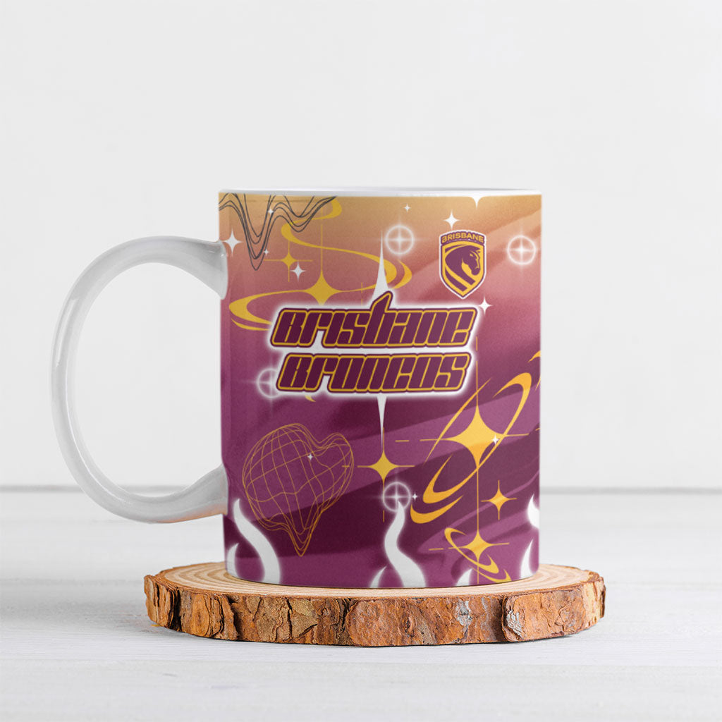Personalized Brisbane Broncos Ceramic Mug Y2K Grunge Aesthetic With Cyber Flames and Starburst Graphics