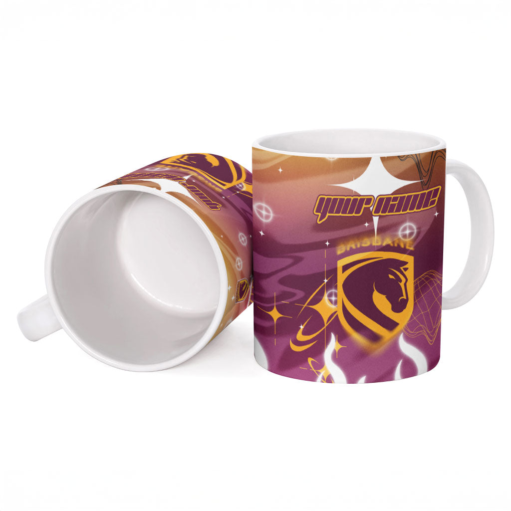 Personalized Brisbane Broncos Ceramic Mug Y2K Grunge Aesthetic With Cyber Flames and Starburst Graphics