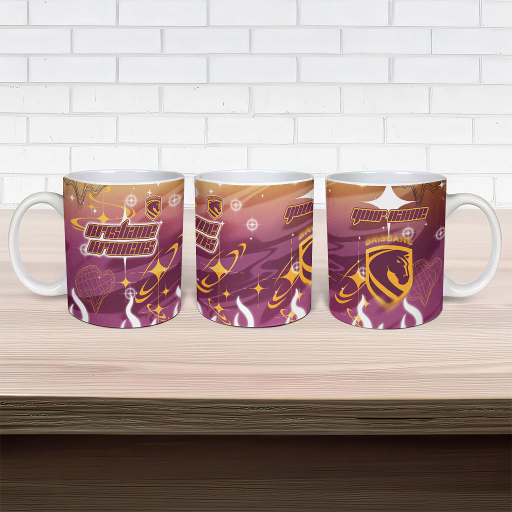 Personalized Brisbane Broncos Ceramic Mug Y2K Grunge Aesthetic With Cyber Flames and Starburst Graphics