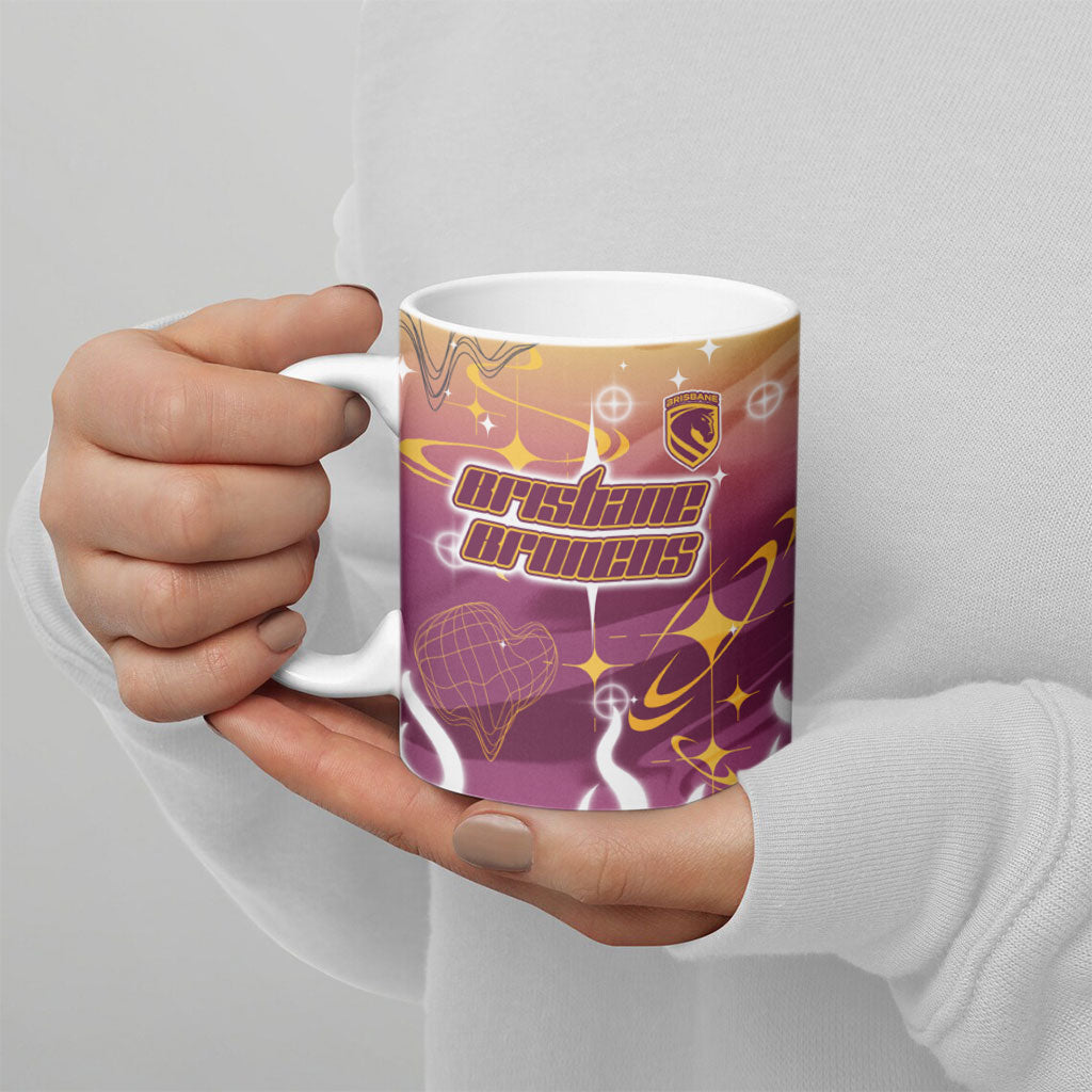 Personalized Brisbane Broncos Ceramic Mug Y2K Grunge Aesthetic With Cyber Flames and Starburst Graphics