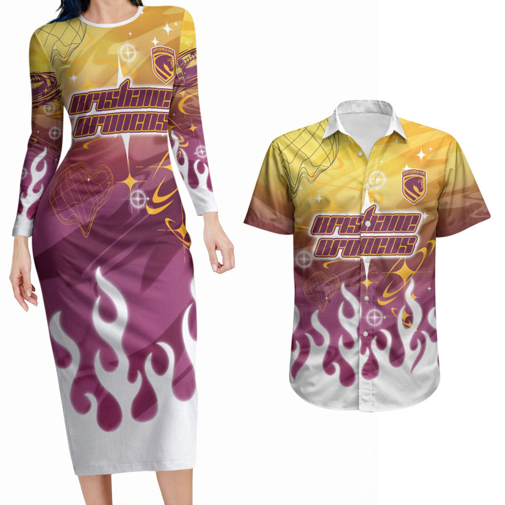 Personalized Brisbane Broncos Couples Matching Long Sleeve Bodycon Dress and Hawaiian Shirt Y2K Grunge Aesthetic With Cyber Flames and Starburst Graphics