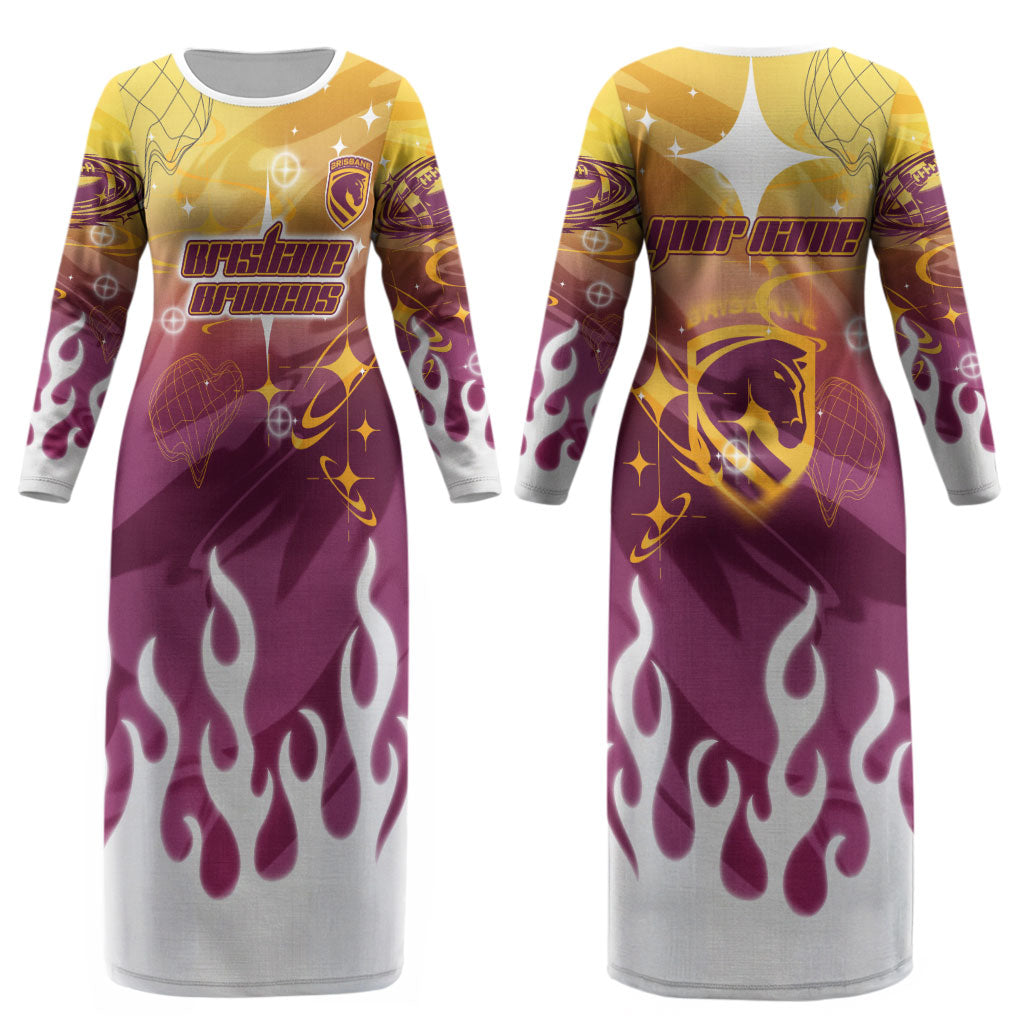 Personalized Brisbane Broncos Couples Matching Long Sleeve Bodycon Dress and Hawaiian Shirt Y2K Grunge Aesthetic With Cyber Flames and Starburst Graphics