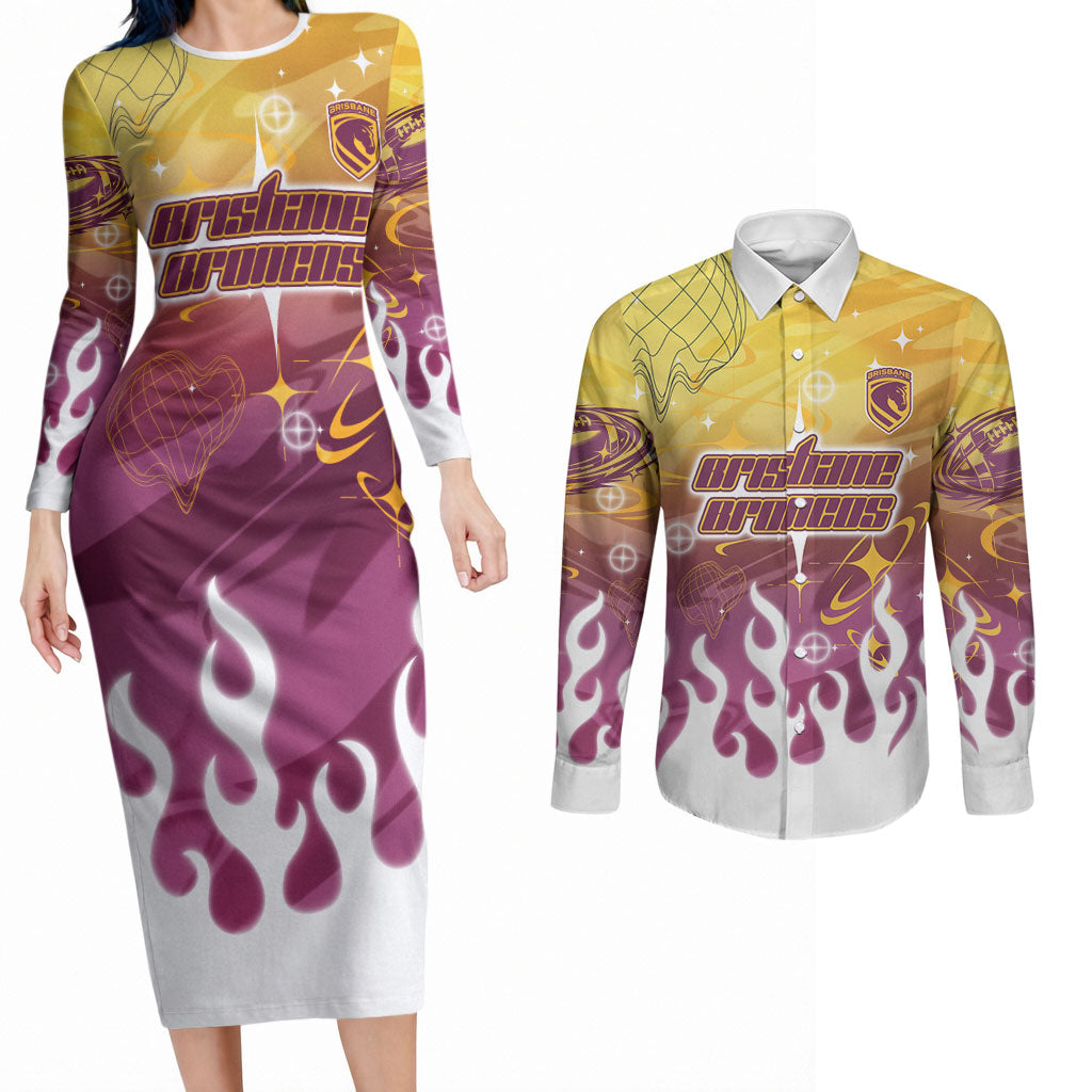 Personalized Brisbane Broncos Couples Matching Long Sleeve Bodycon Dress and Long Sleeve Button Shirt Y2K Grunge Aesthetic With Cyber Flames and Starburst Graphics