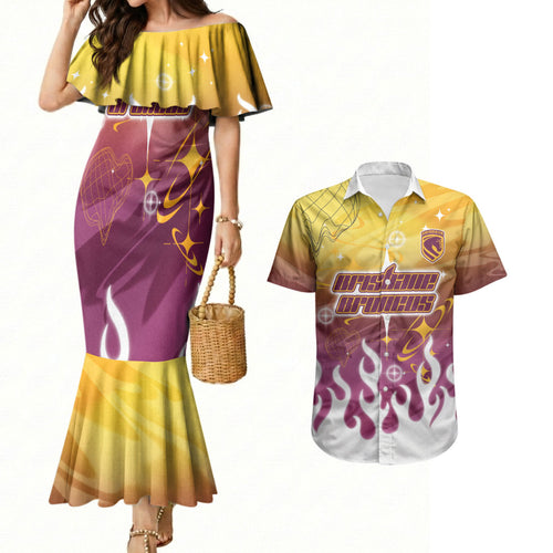 Personalized Brisbane Broncos Couples Matching Mermaid Dress and Hawaiian Shirt Y2K Grunge Aesthetic With Cyber Flames and Starburst Graphics