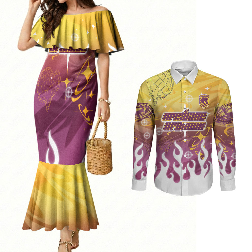 Personalized Brisbane Broncos Couples Matching Mermaid Dress and Long Sleeve Button Shirt Y2K Grunge Aesthetic With Cyber Flames and Starburst Graphics