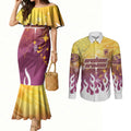Personalized Brisbane Broncos Couples Matching Mermaid Dress and Long Sleeve Button Shirt Y2K Grunge Aesthetic With Cyber Flames and Starburst Graphics