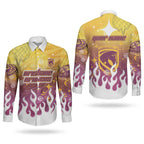 Personalized Brisbane Broncos Couples Matching Mermaid Dress and Long Sleeve Button Shirt Y2K Grunge Aesthetic With Cyber Flames and Starburst Graphics