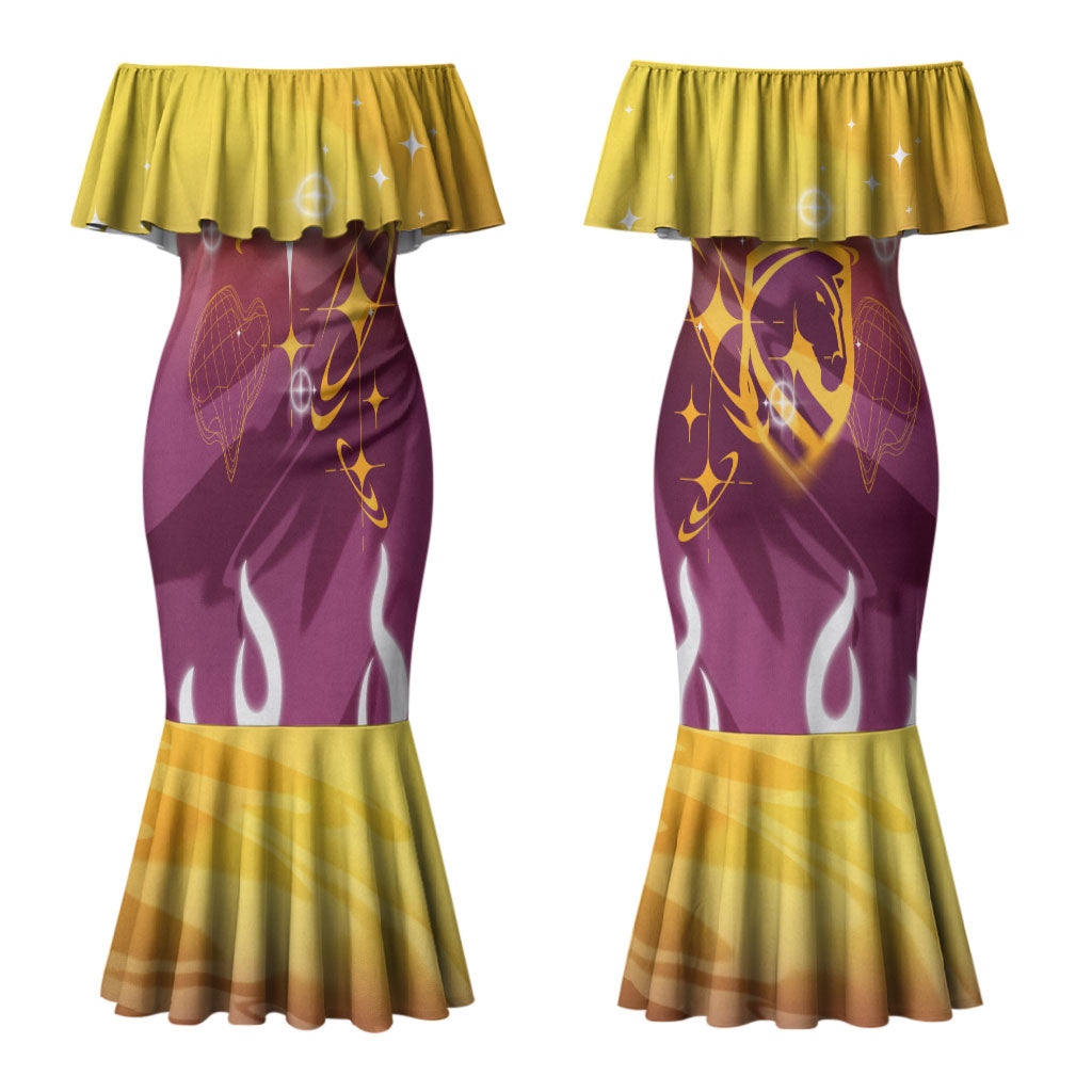 Personalized Brisbane Broncos Couples Matching Mermaid Dress and Long Sleeve Button Shirt Y2K Grunge Aesthetic With Cyber Flames and Starburst Graphics
