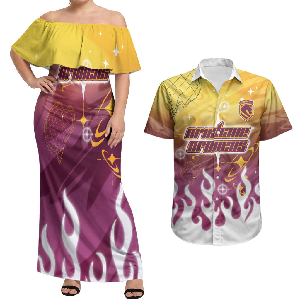 Personalized Brisbane Broncos Couples Matching Off Shoulder Maxi Dress and Hawaiian Shirt Y2K Grunge Aesthetic With Cyber Flames and Starburst Graphics